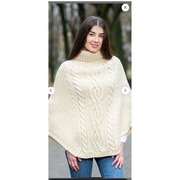 Saol Aran Cowl Neck Knit Poncho for Women, 100% Premium Quality Merino Wool Wrap - Picture 3 of 11
